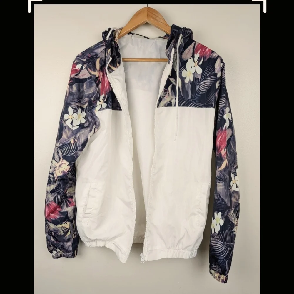 White Floral Two Tone Lightweight Hoodie Windbreaker Size Medium Streetwear